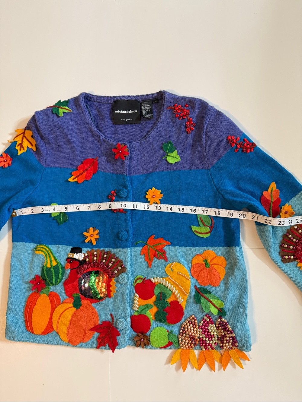 VTG Michael Simon Thanksgiving Cardigan Sweater ApliquΓ© Turkey Cornucopia 1999 M - Picture 11 of 14